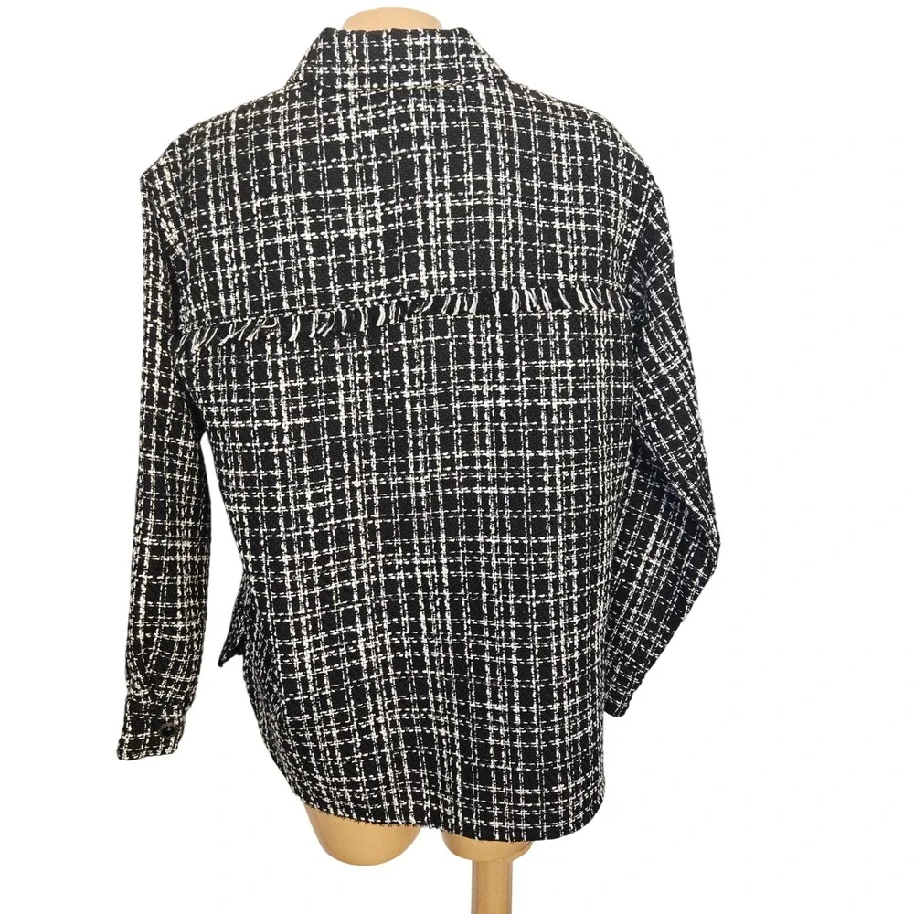 Cato Black White Tweed Shirt Jacket Shacket Button Front Fringe Pockets Small